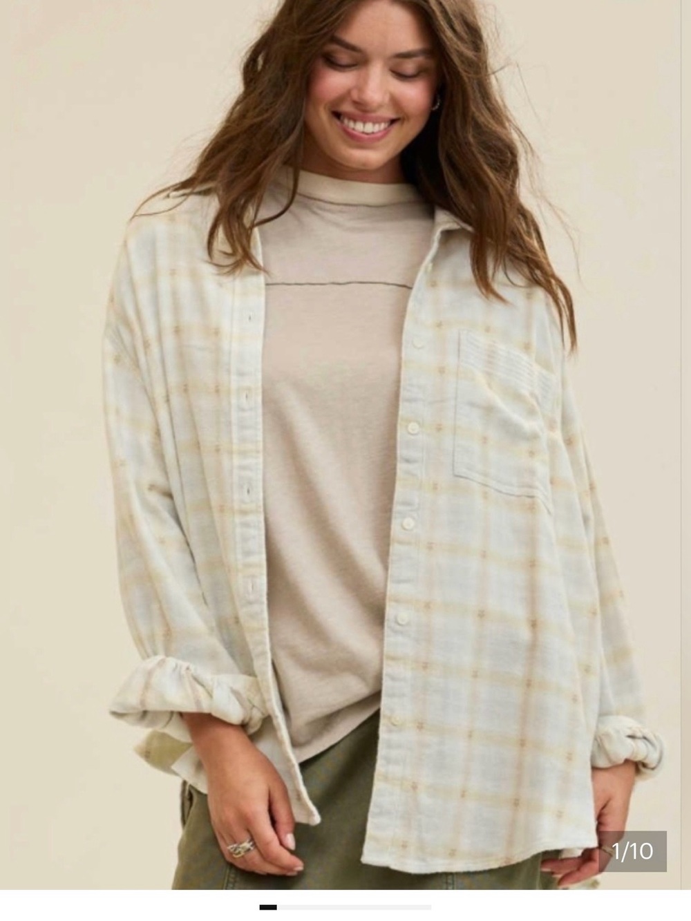 aerie Cream and Beige Flannel Button-Down Shirt